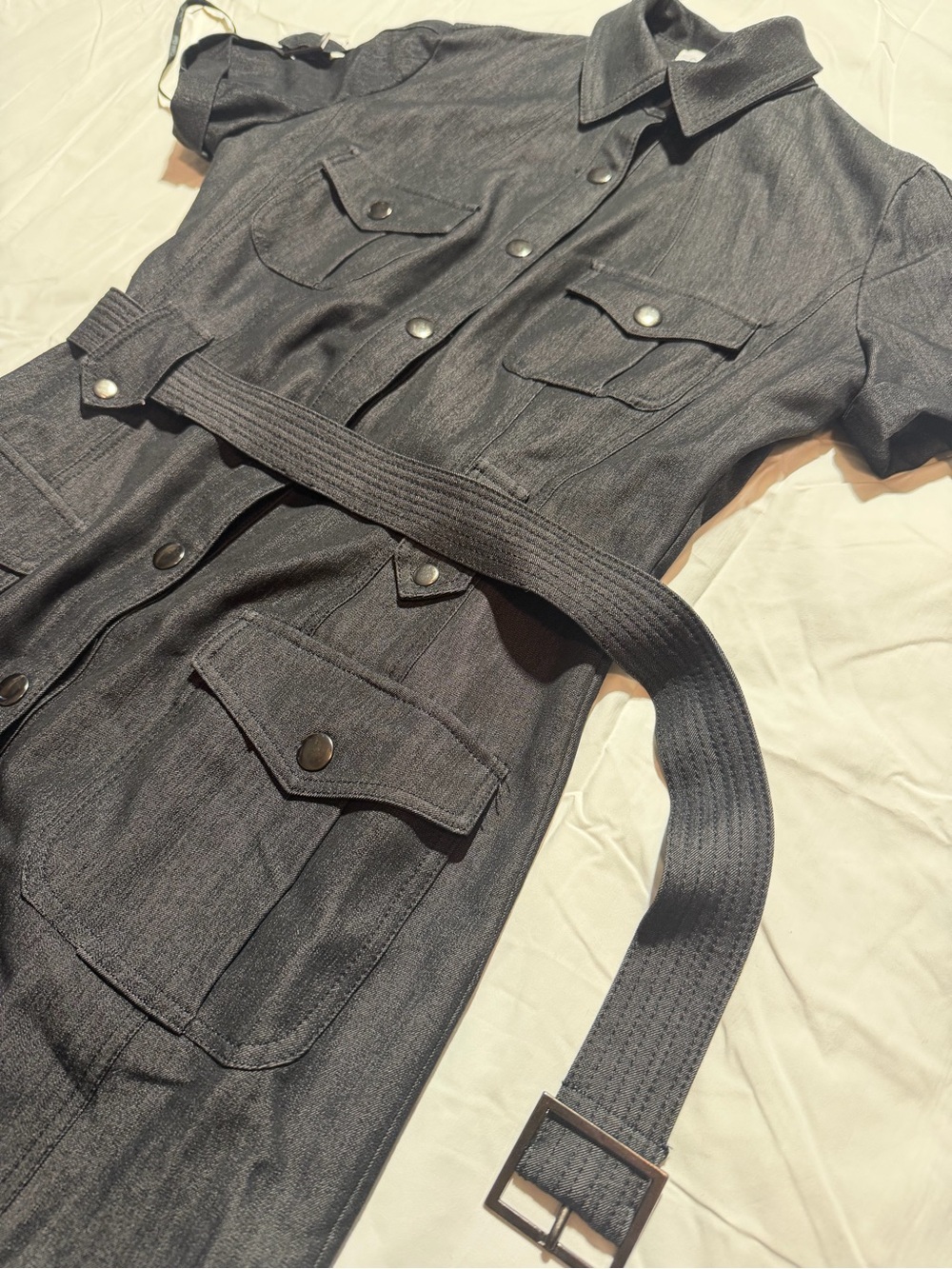 Calvin Klein Shirt Dress Button Womens S Dark Gray Charcoal Short Sleeve Belted - Picture 2 of 4